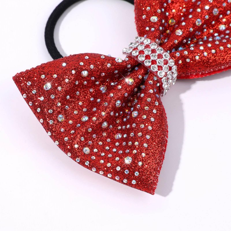 VOBOBE 16PCS Glitter Cheer Hair Bows for Cheerleading, Red Sparkle Rhinestone Cheer Bow with Ponytail Holder Elastic Hair Ties for Teen Girls Cheerleader (Red)