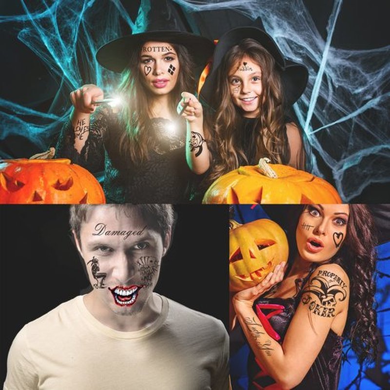 JEEFONNA 22 Sheets Halloween Temporary Tattoos, Perfect Halloween Joker Face Tattoos for Costumes, Halloween Party Accessories and Cosplay (Mixed's)