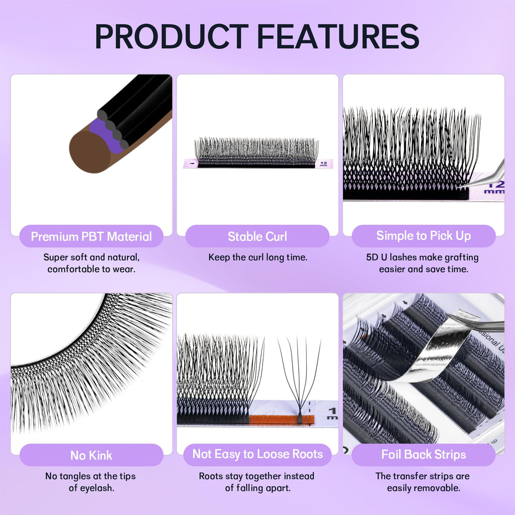 NATUHANA 5D U Lash Extensions 0.07 C Curl 8-14mm Mix Premade Fans Black