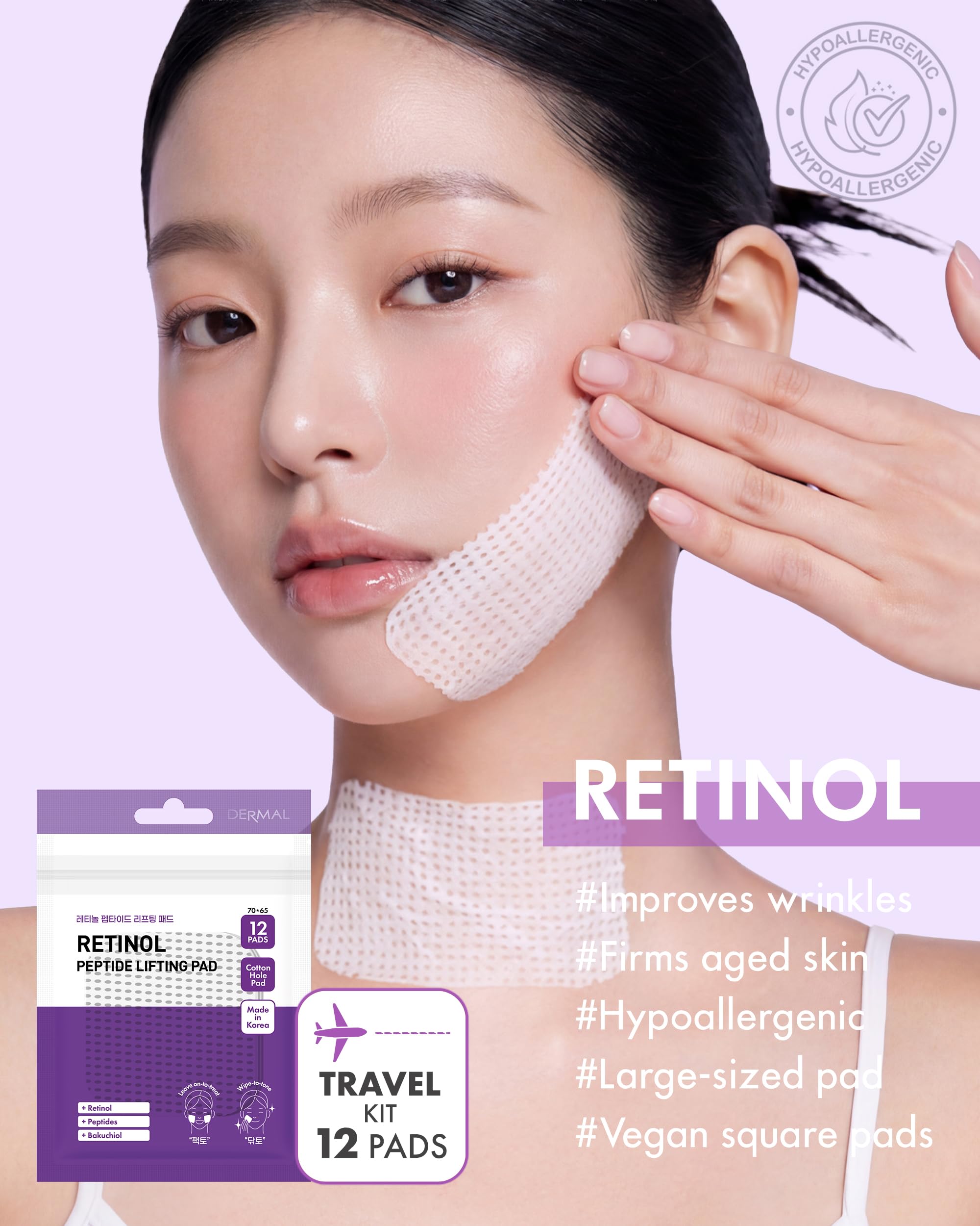 DERMAL Retinol Peptide Lifting Pad - Korean Toner Pad for Anti-Aging & Wrinkles with Bakuchiol - Vegan Pure Cotton Square Pads - Travel Kit 12 Pads, 3 Pack (Total 36 ea)