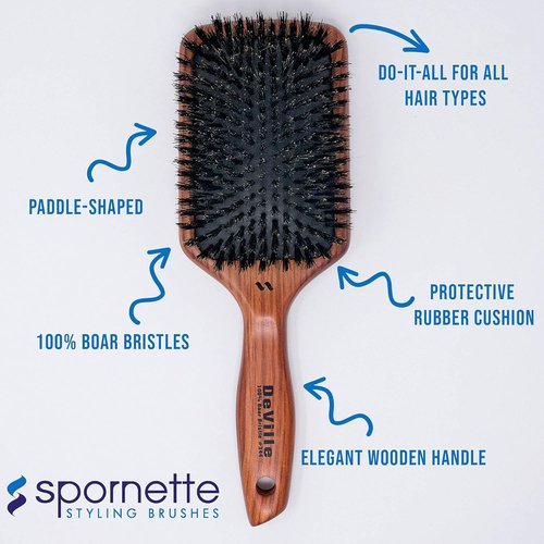 Spornette Deville Cushion Paddle Brush - Boar Bristle Hair Brush for Smoothing & Detangling | All Hair Types