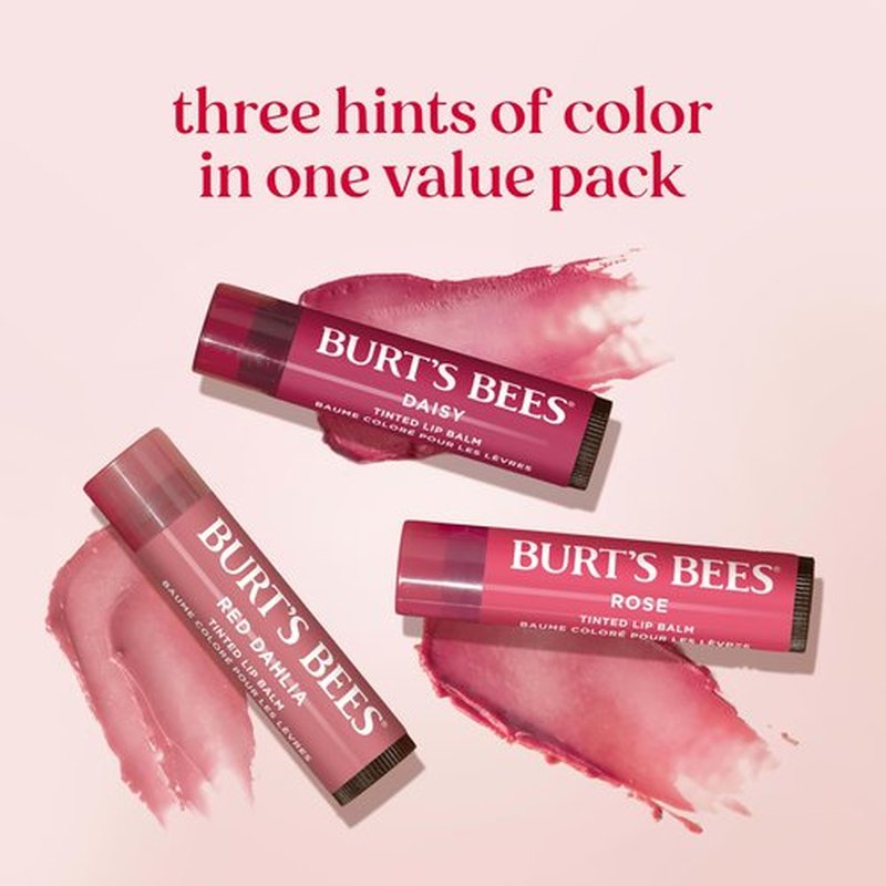 Burt’s Bees Tinted Lip Balm Value Pack Includes 3 Lip Balms: Red Dahlia, Daisy and Rose; 8 Hour Moisture; Provides a Hint of Color; Nourishing Shea Butter; 100% Natural Origin; 3 Tubes; 3x0.15 Oz.