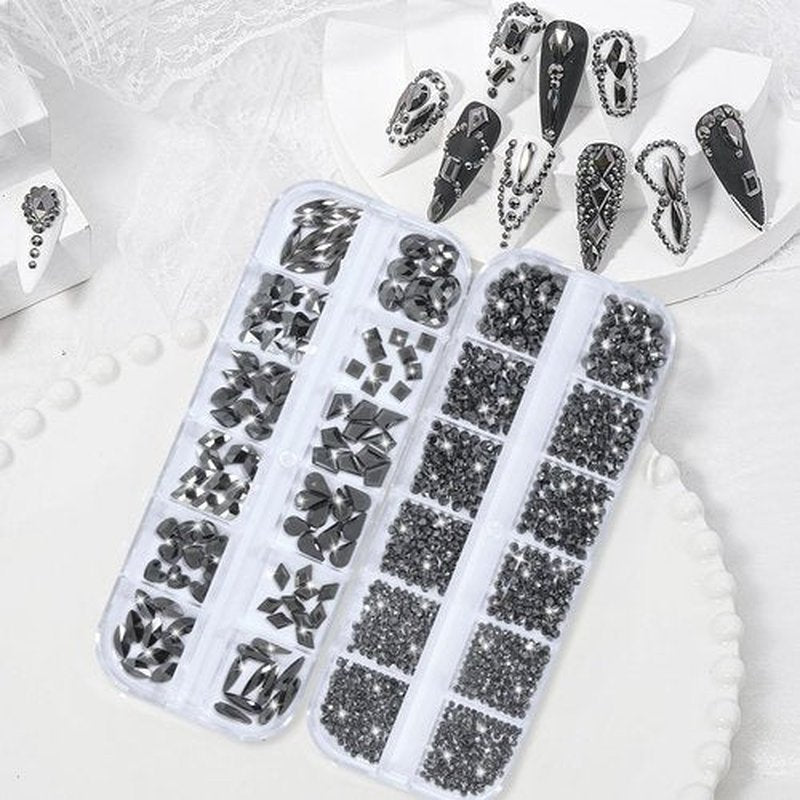 LIYMNQYJ Nail Rhinestones - 3D Multi Shape Size, Crystal, Manicure Rhinestones Charms, Mineral Gray Nail Gems, Flat Back, with Kit, for Nail Art, DIY Decorations