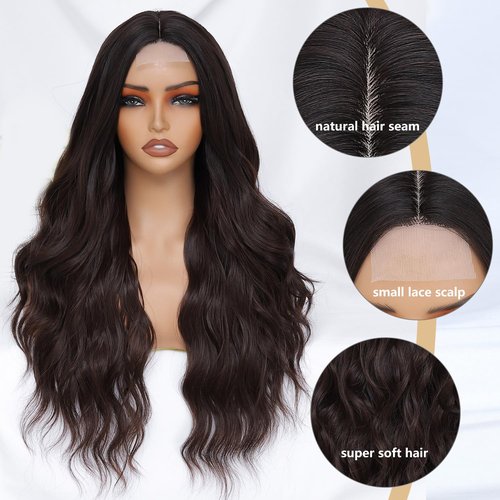 FEIVOSILAN Dark Brown Wig for Women Long Wavy Brown Wig Middle Part 26 Inch Wigs Heat Resistant Synthetic Wig for Daily Use