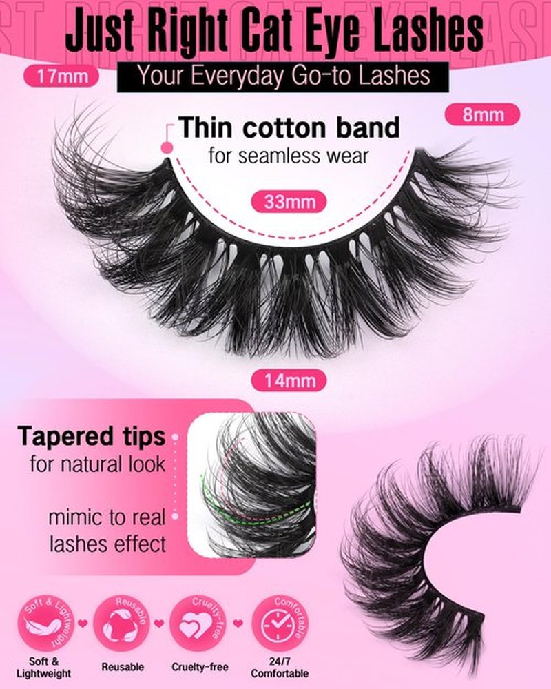 JIMIRE Mink Lashes Wispy Cat Eye Lashes Full 6D Volume False Eyelashes that Look Like Extensions 16MM Thick Soft D-Curly Fake Lashes 7 Pairs Pack