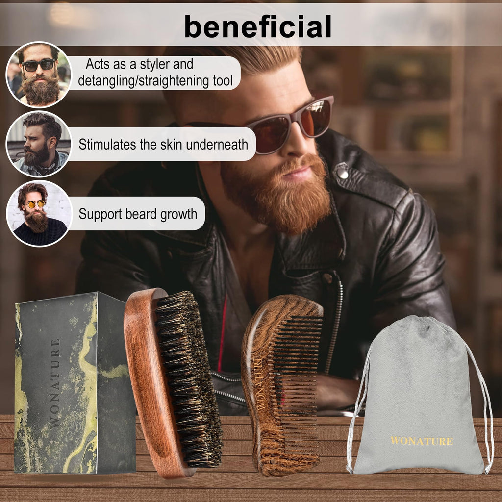 Wonature Beard Brush - Men's Beard Care Tool Set with Wooden Sandalwood Comb & Travel Pouch, Styling & Detangling Travel Kit for All Beard Types