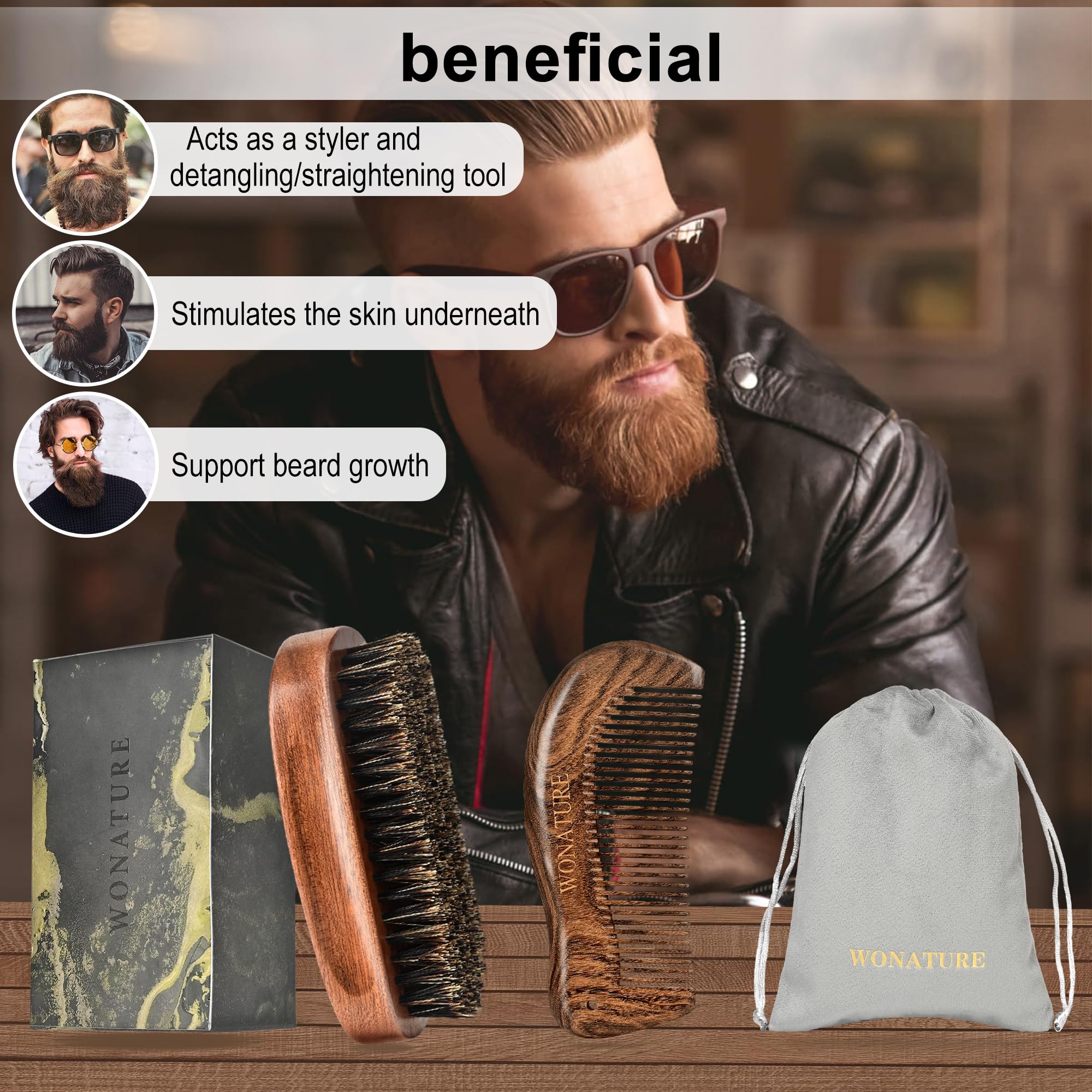 Wonature Beard Brush - Men's Beard Care Tool Set with Wooden Sandalwood Comb & Travel Pouch, Styling & Detangling Travel Kit for All Beard Types