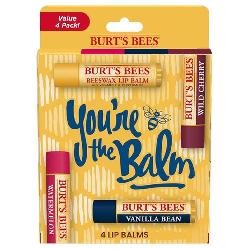 Burt's Bees Lip Balm Pack - Natural Beeswax Treatment with Wild Cherry, Watermelon & Vanilla Bean | 4 Tubes, 0.15 oz Each