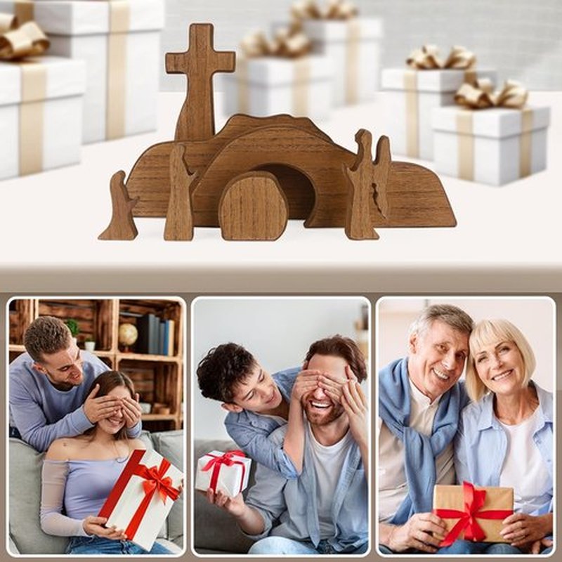 GoClimber Wooden Easter Scene Set - Empty Tomb & Cross Decoration for Religious Home Decor | Christian Gifts