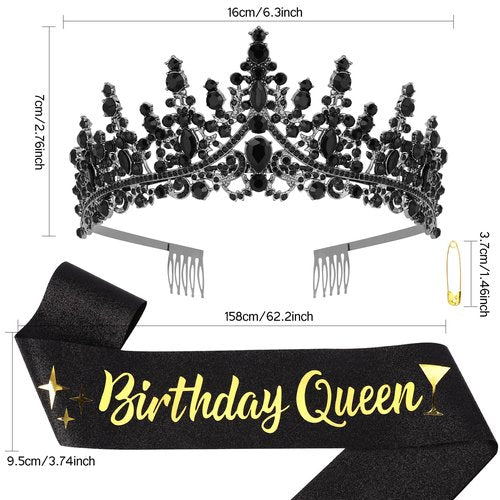 CURASA Black Goth Birthday Crown Adult Woman & Glitter Black Gothic Birthday Queen Sash Princess Tiara for Party Decorations Celebrations