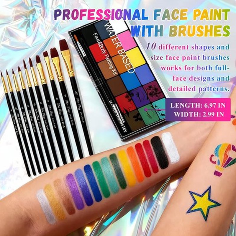 BRIMFULITE Face Painting Kit Non-toxic Body Paint Washable 18 Colors Facepaint Makeup Kit for Adults with 10 Face Paint Brushes for Halloween Party Cosplay Makeup (Color 001)