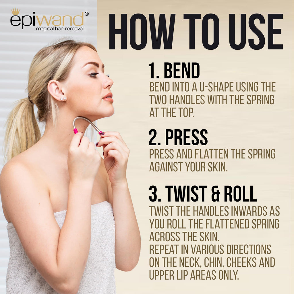 Epiwand Facial Hair Remover Spring Threading Tool - Our Women’s Facial Epilator Coil Removes Peach Fuzz, Chin, Cheek, Neck, Mustache and Upper Lip Hair Quickly - How to Use Instructions in Box.