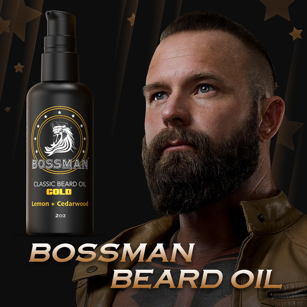 Bossman Organic Mustache & Beard Oil for Men, 2 oz – Natural Beard Moisturizer with Jojoba, Argan & Avocado Oils (Gold Scent)