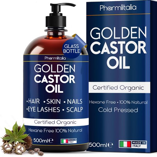 Pharmlitalia Caster Oil Organic Cold Pressed Unrefined Glass Bottle - Organic Golden Castor Oil for Face, Scalp, Eyelashes, Skin Care and Nails - Aceite De Castor Organico Puro - 500ml