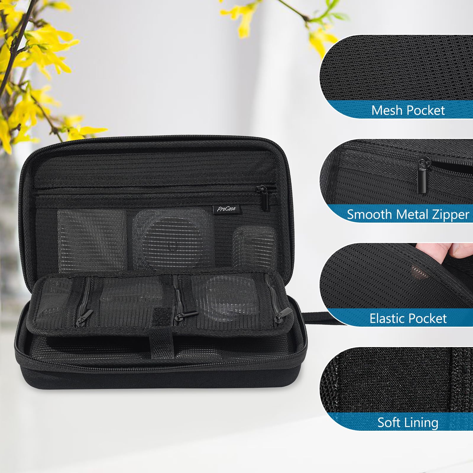 ProCase Large Hard Travel Electronic Organizer Case for MacBook Power Adapter Chargers Cables Tech Organizer Hard Drive USB Flash Disk SD Card Portable Electronics Accessories Bag -Black