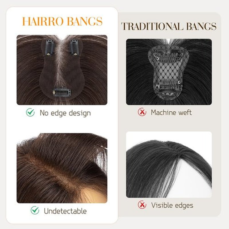 Hairro Human Hair Toppers For Women No Bang Middle Part Side Bangs Hair Clip Wispy Thin Short Wiglet Hairpieces 11 Inches 14g #02 Dark Brown