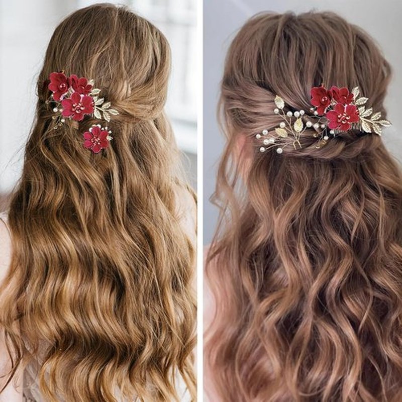 4 PCS Bridal Hair Pins with Crystal Pearl, Rhinestone Updo Headpiece for Brides, Bridesmaids, and Women - Gold Wedding Jewelry Accessories(Red)