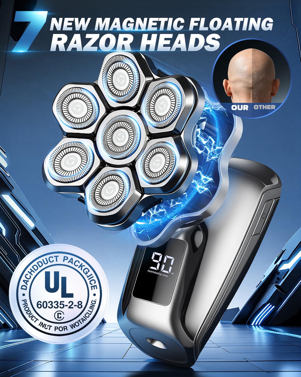 Maraiss Head Shaver for Bald Men, 7D Floating Head Electric Razor, IPX7 Waterproof Wet & Dry Bald Shaver with Magnetic Detachable Blade, Type-C Fast Charging LED Display, Gift for Men Father's Day