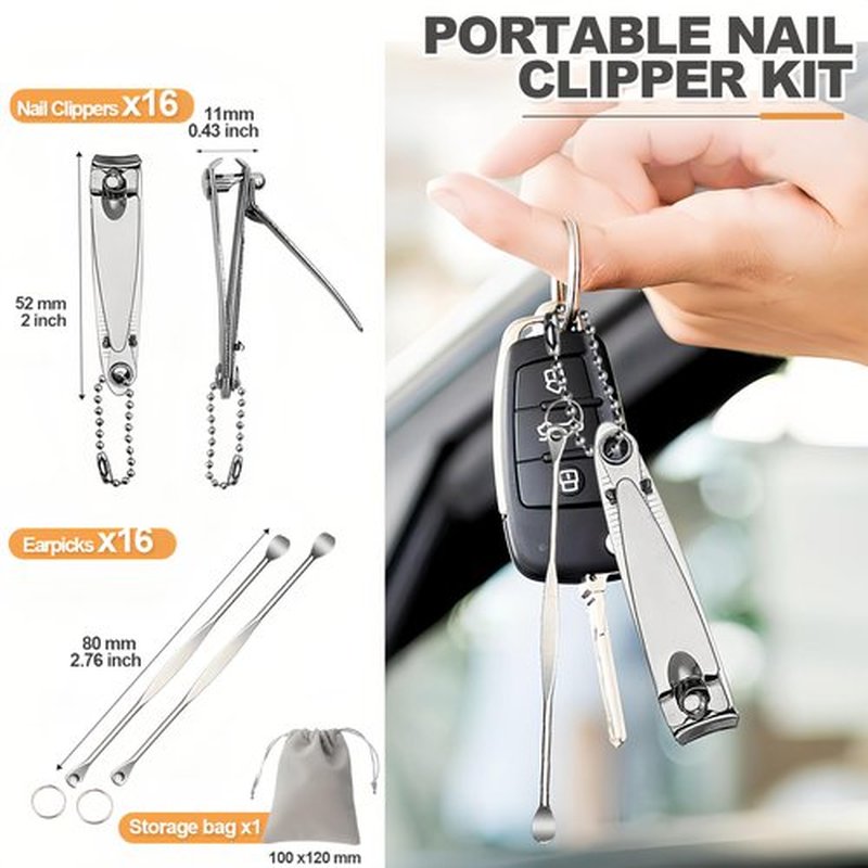 Keeshibao Nail Clippers Bulk with Swing Out File/Keychain Ring, Travel Size 2.2 Inch Small Fingernail Clippers for Men, Women,Adults, Christmas, Homeless (16 Pack Nail Clippers & Earpicks)