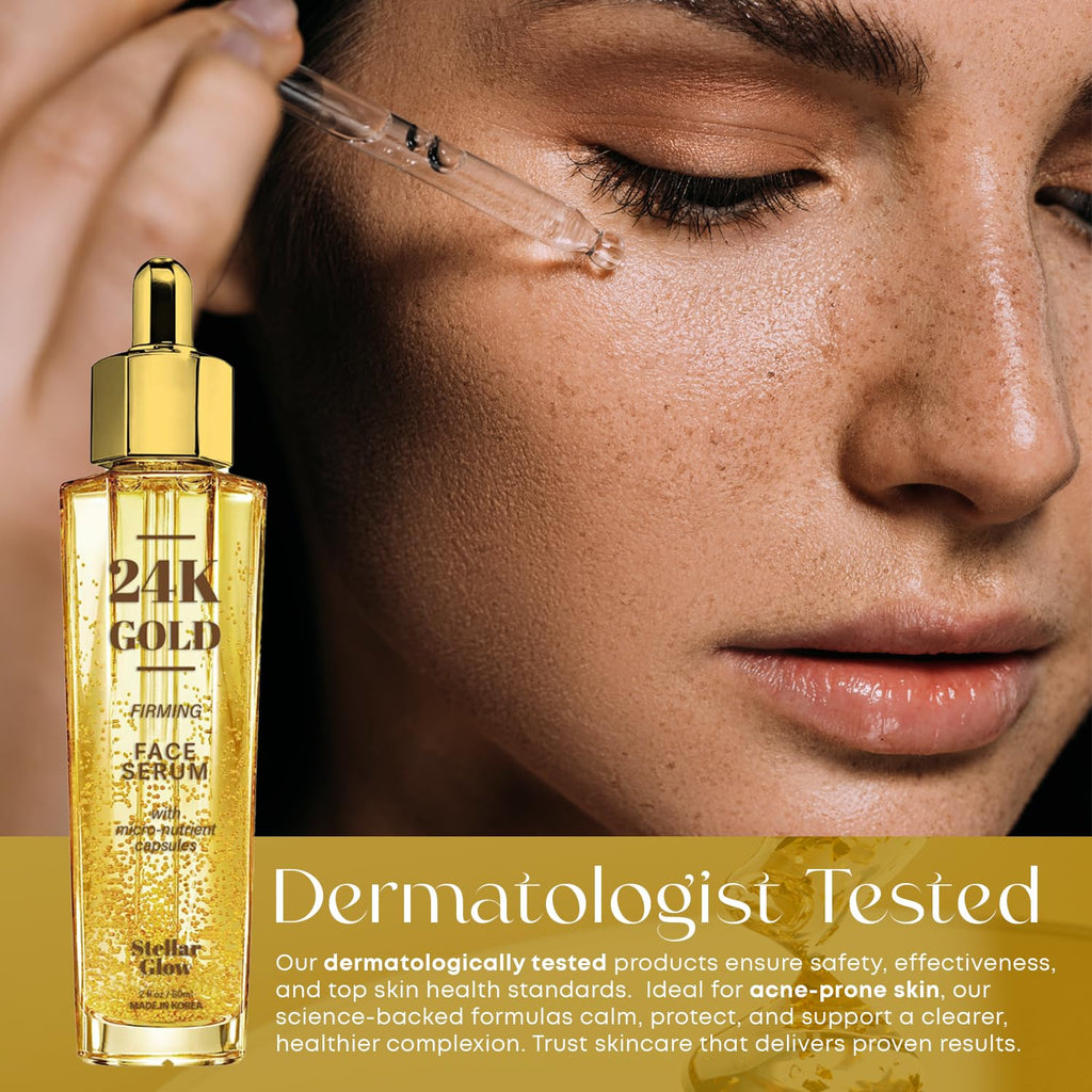 Stellar Glow 24K Gold & Hyaluronic Acid Serum For Face - Dermatologist Tested, Anti-Aging Skin Care, Ultra Hydrating for Blemishes, Dry & Acne-Prone Skin - Korean, Vegan, Clean Beauty - 2 FL. Oz