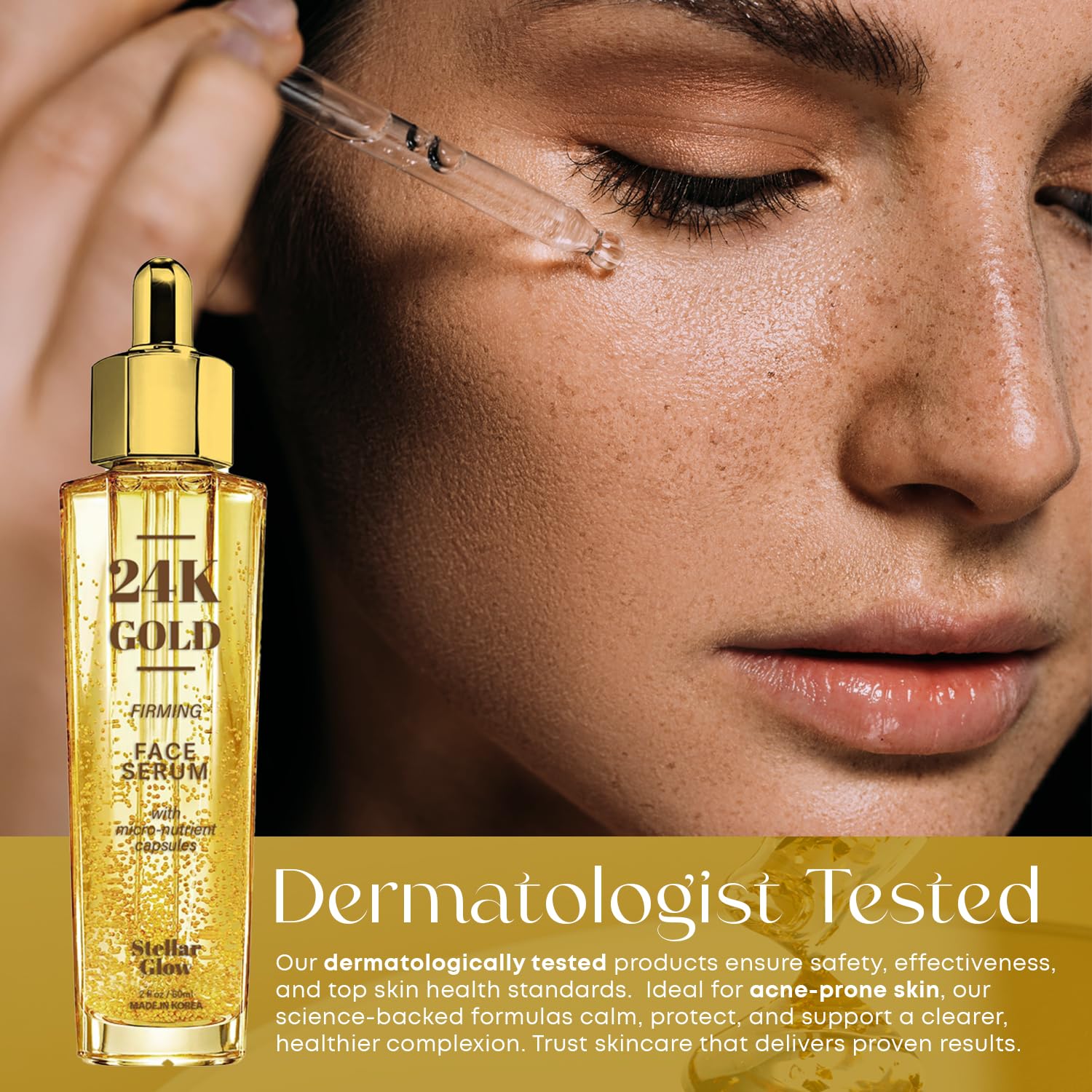 Stellar Glow 24K Gold & Hyaluronic Acid Serum For Face - Dermatologist Tested, Anti-Aging Skin Care, Ultra Hydrating for Blemishes, Dry & Acne-Prone Skin - Korean, Vegan, Clean Beauty - 2 FL. Oz