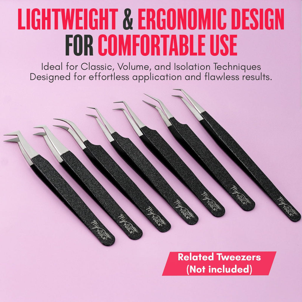My Lash Tools Curved Classic Fiber Tip Lash Tweezers – 12cm Eyelash Extension Tweezer with Fine Curved Nano Grip Tip, Stainless Steel, Non-Slip Handle (Black)