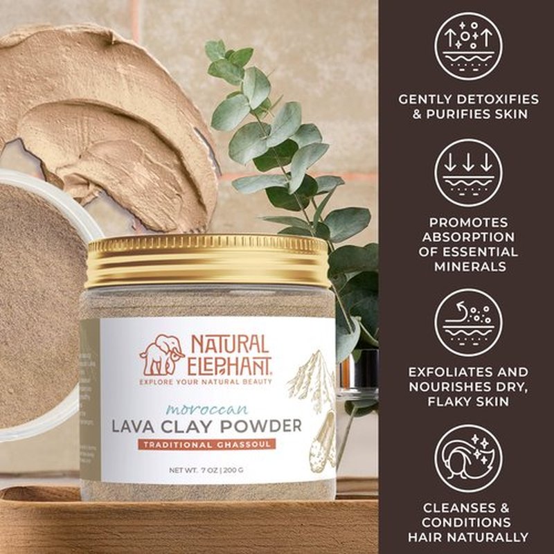 Natural Elephant Ghassoul (Rhassoul) Moroccan Lava Clay Powder | 100% Pure & Natural Face & Body Mask Powder | 3 oz Travel Size