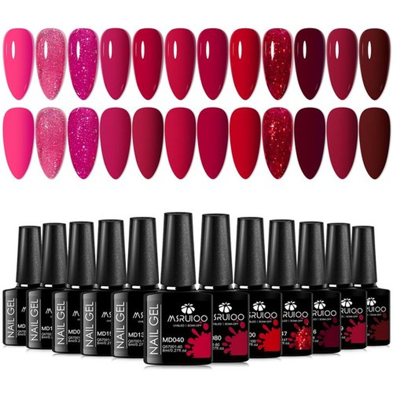 MSRUIOO Red Gel Nail Polish Set 12 Colors Bloody Mary Collection Popular Shimmer Red Burgundy Gel Polish Kit Nail Art Design Soak Off UV LED Gel Nail Kit Minicure DIY Home Gifts for Mom