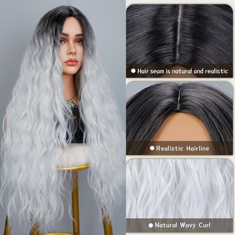 Miuric 30 Inch Long White Silver Wavy Wigs for Women Witch Ombre Grey Colorful Wigs Middle Part Water Wave Dark Roots Wig Women's Curly Wig Synthetic Wig for Cosplay Halloween Party Daily