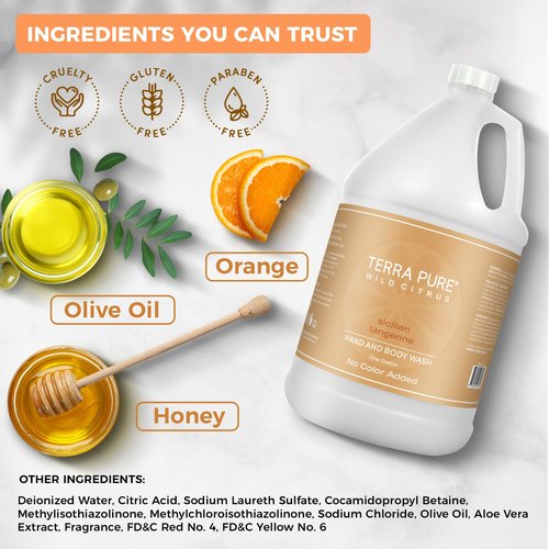 Terra Pure Wild Citrus Gallon Hand & Body Wash – Refill Jug for Hotels, Vacation Rentals, Guest Homes, Spas, Gyms | Bulk Liquid Soap Toiletries | No Color Added | For Sensitive Skin & Daily Use