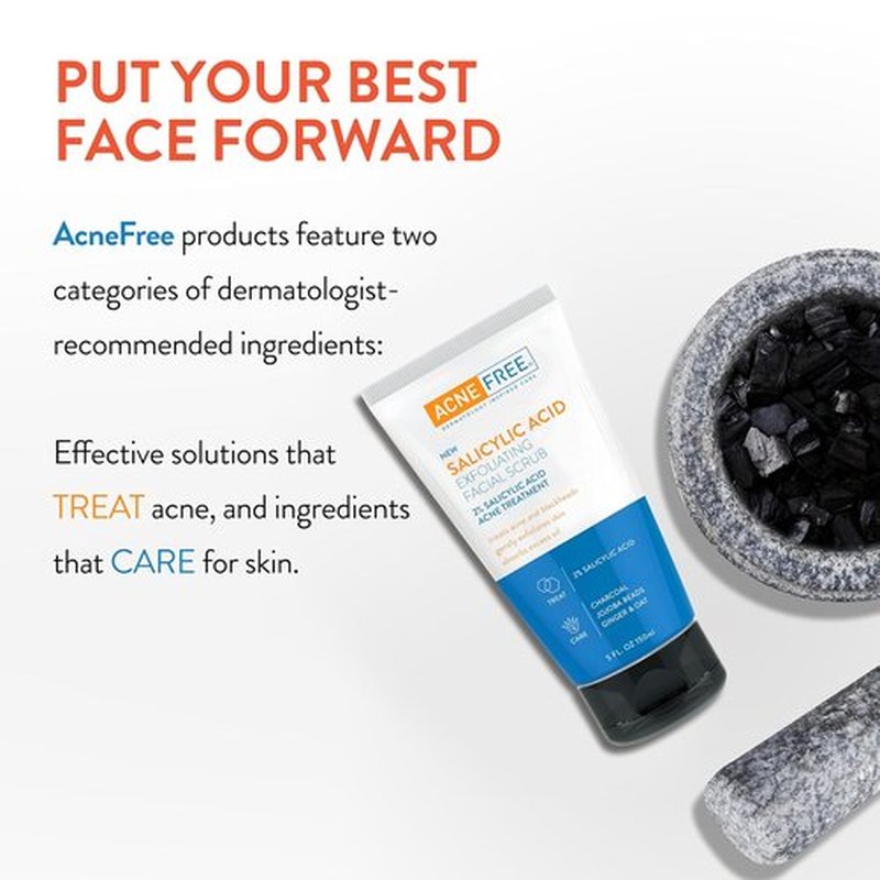 Acne Free Salicylic Acid Face Scrub - 2% BHA Blackhead Remover & Deep Cleanser with Charcoal, 5 Ounce