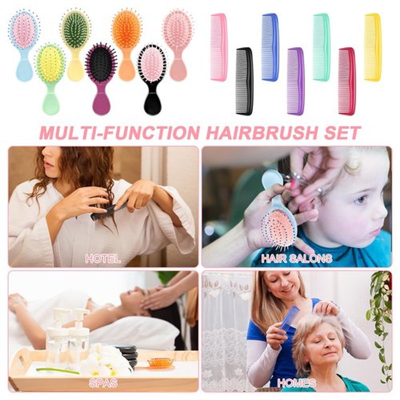 HOFASON 14 Pcs Bulk Mini Wet Hair Brush & Mini Combs Set for Easter Basket Stuffers, Kids Girls Women, Bridesmaid Gifts, Spa Party Supplies, Summer Stuff, 7 Travel Small Brush 7 Fine Wide Hair Combs