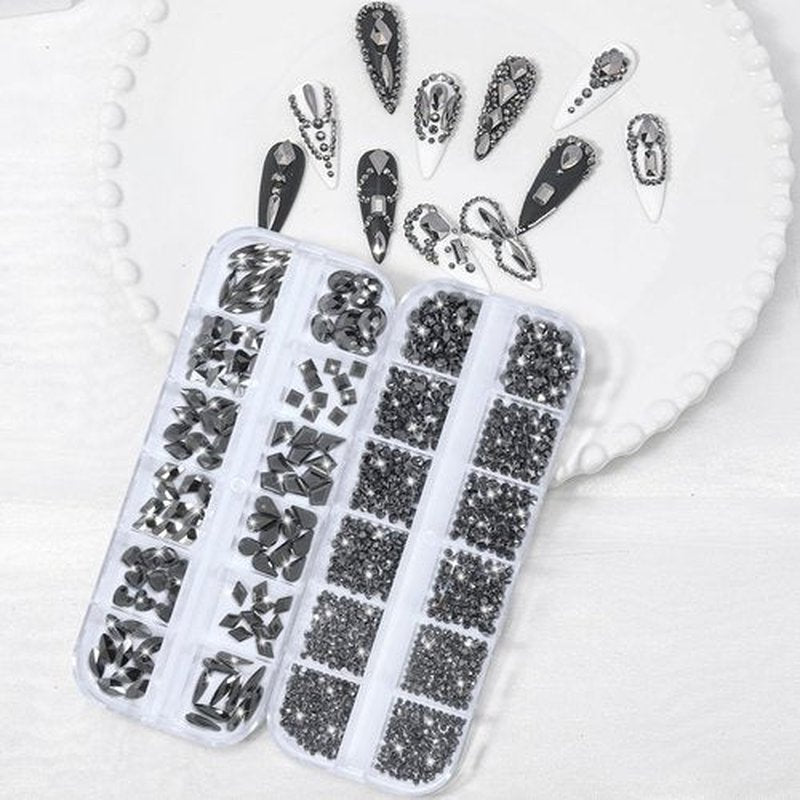 LIYMNQYJ Nail Rhinestones - 3D Multi Shape Size, Crystal, Manicure Rhinestones Charms, Mineral Gray Nail Gems, Flat Back, with Kit, for Nail Art, DIY Decorations