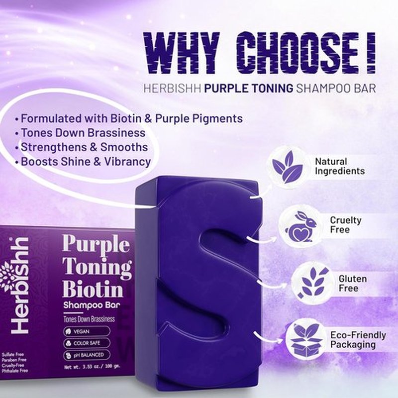 Herbishh Purple Shampoo Bar - Biotin-Infused Solid Bar to Neutralize Brassy Tones | 3.53 oz Vegan & Sulfate-Free