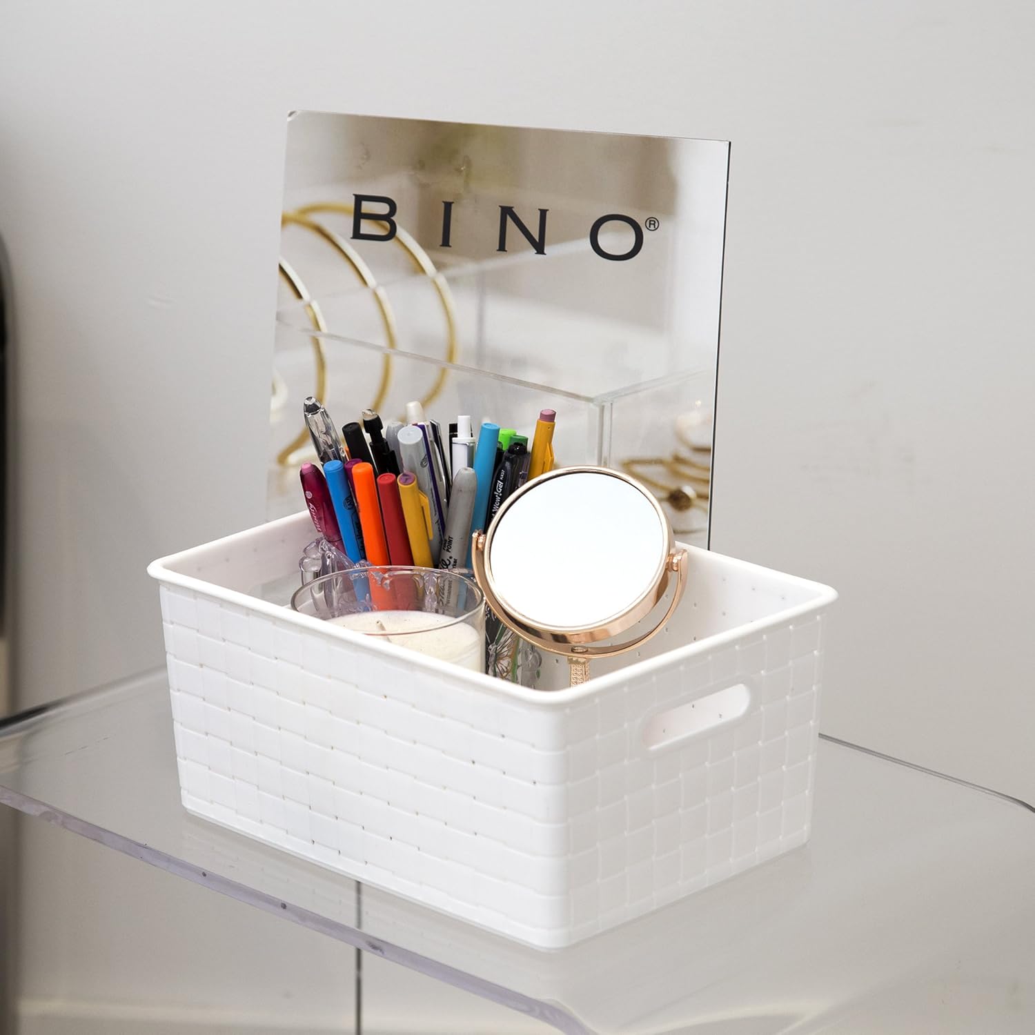 BINO Small White Plastic Baskets - 5 Pack Rectangular Organizers for Cabinets & Drawers | Durable & Portable