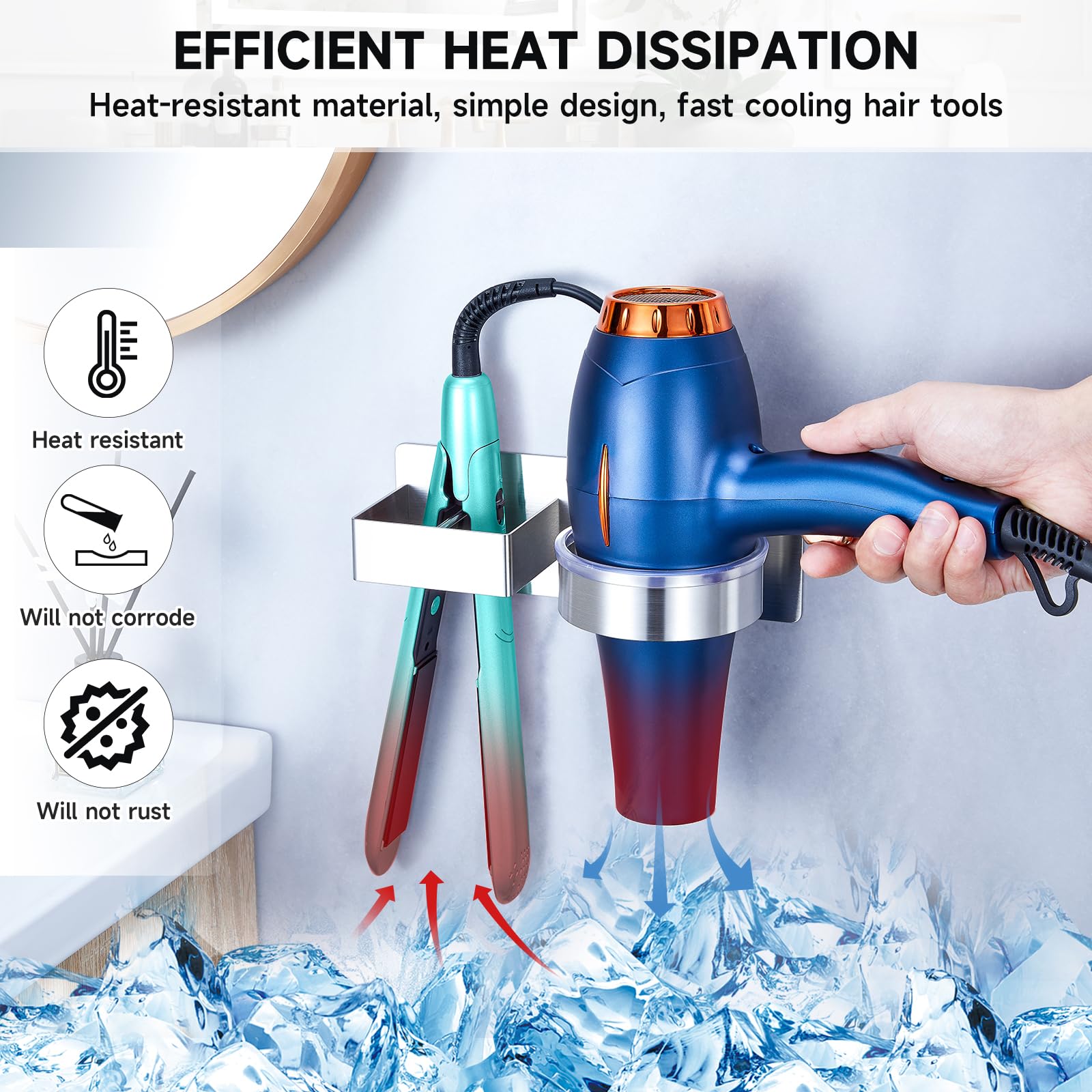 Hair Dryer Holder Wall Mounted, Hair Straightener Holder, Blow Dryer Holder Adhesive, Hair Tool Organizer for Flat Iron, Hairdryer, Curling Iron Holder for Bathroom Vanity Barber Shop (Silver)