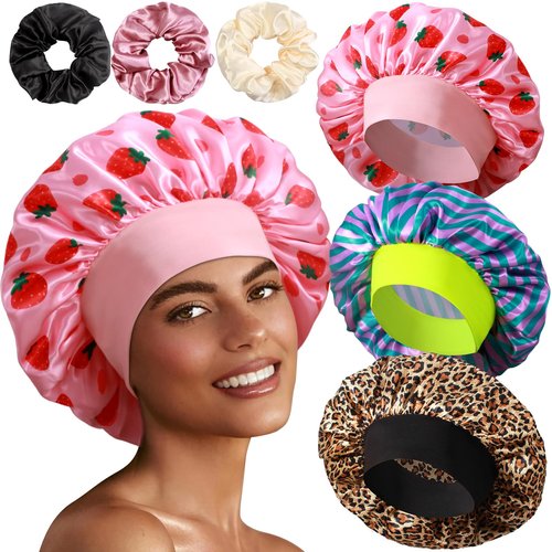 3+3 Large Satin Bonnets with Scrunchies for Women, Wide Band Hair Bonnet for Sleeping Braids Curly Hair, F