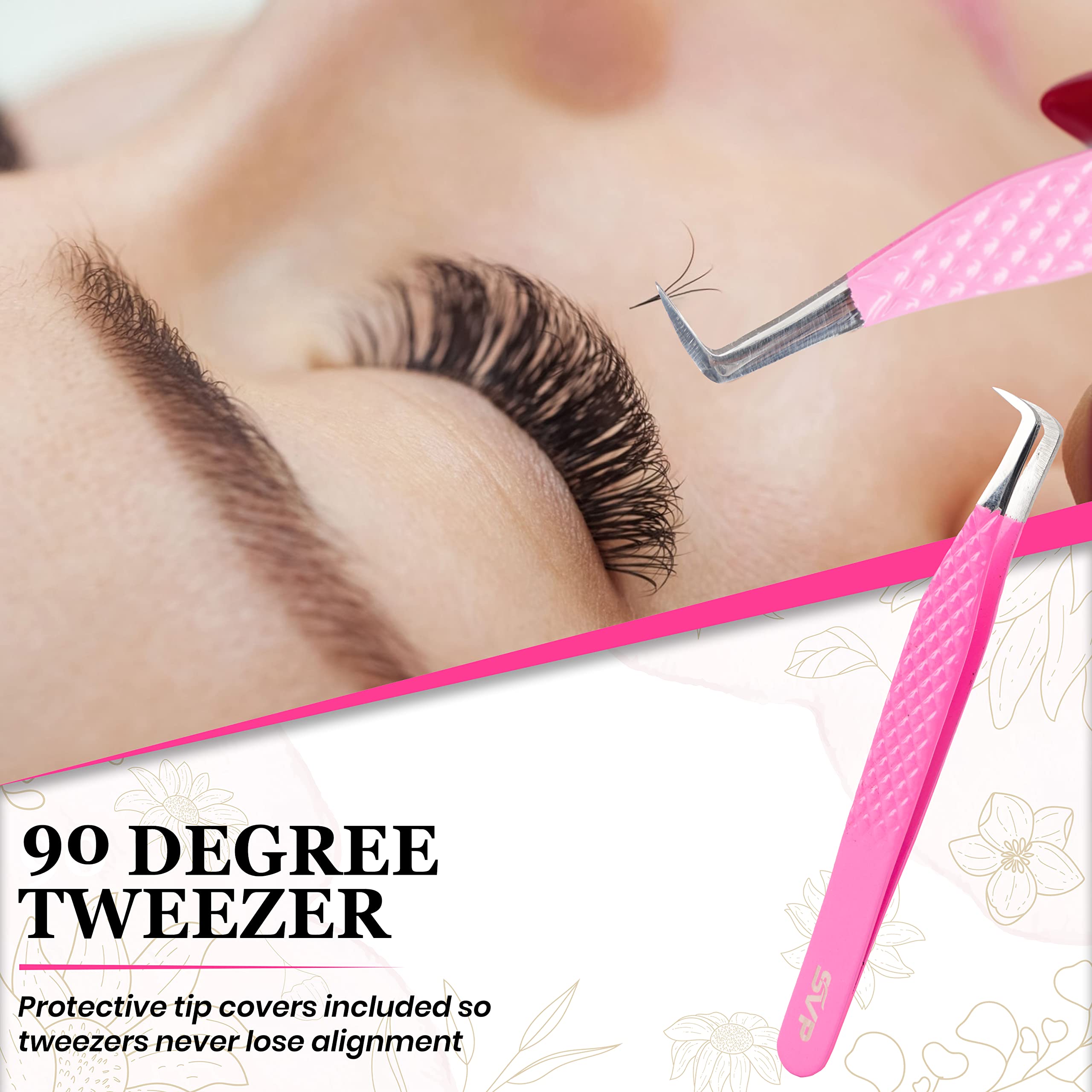 SV Fiber Tip Lash Tweezers For Eyelash Extensions With Diamond Grip, Professional Lash Tweezers Set of 5 - Precise Tips Japanese Steel for Classic, Volume & Mega Volume Lashes with Travel Case Box