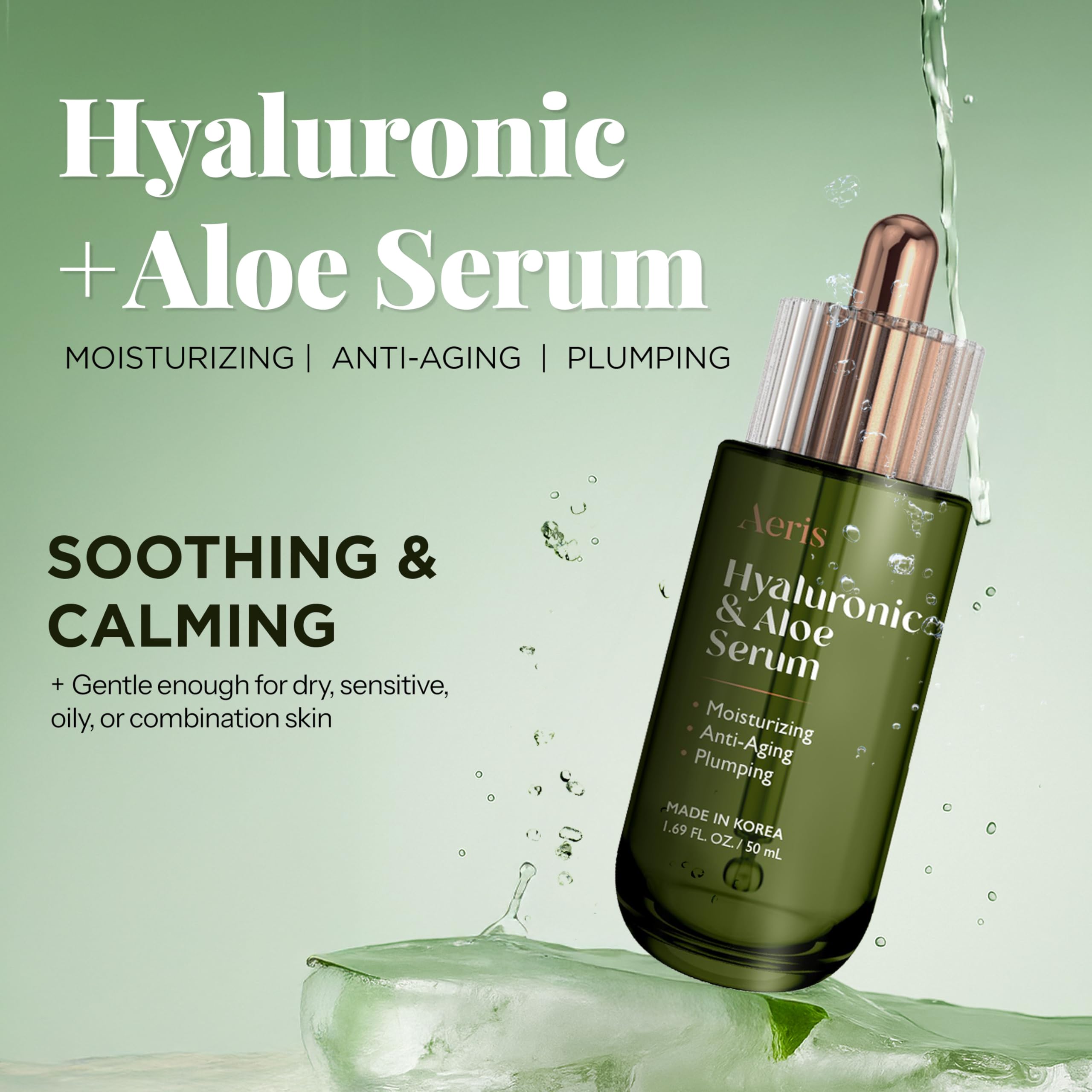 Aeris Hyaluronic Acid Serum for Face with Aloe - Ultra Hydrating & Soothing Formula For Dry, Sensitive Skin – Dermatologist Tested, Anti-Aging, Korean Skin Care – Vegan, Clean Beauty – 1.69 Fl Oz