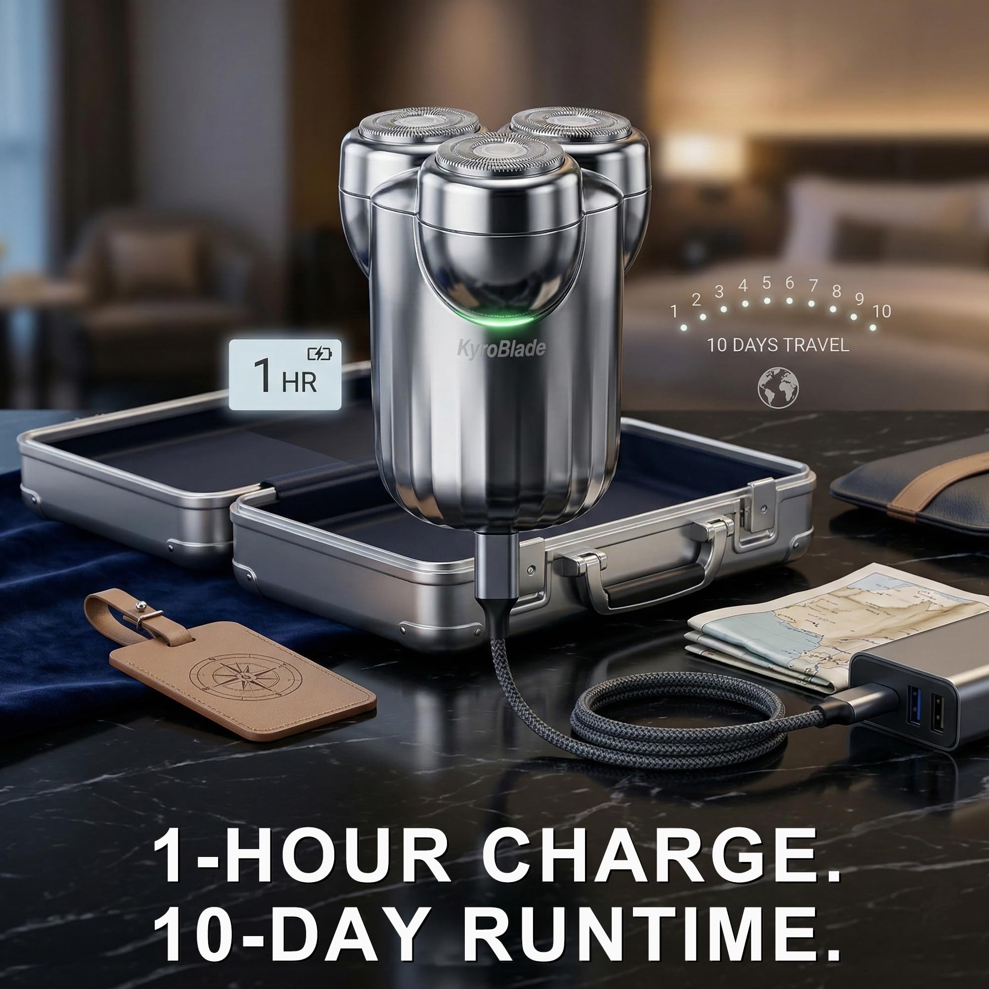 KyroBlade Mini 3-Head Rotary Shaver, Pocket Travel Razor, Wet/Dry, Silver