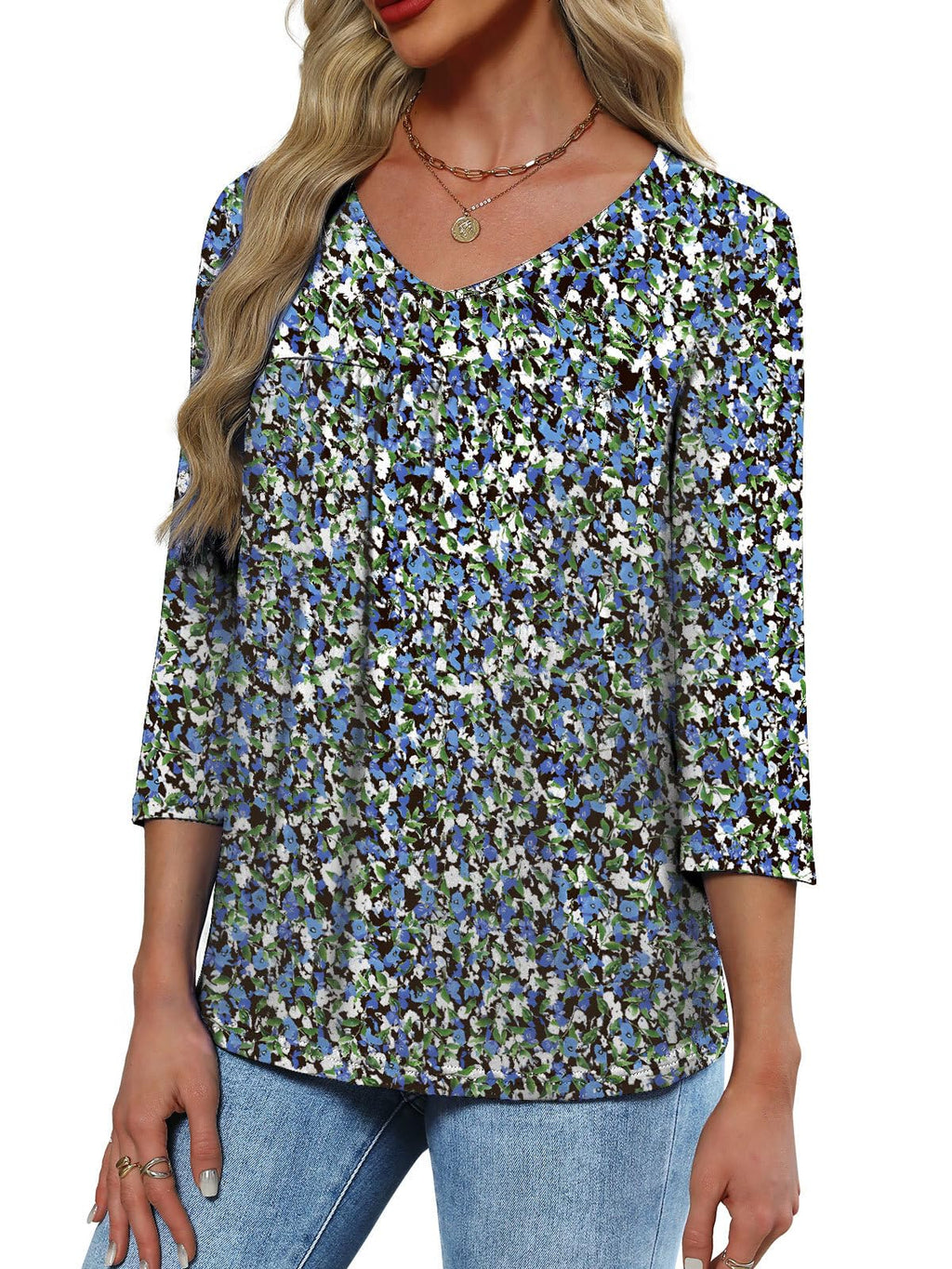Lylinan Womens V Neck 3/4 Sleeve Tunic Shirts Casual Loose Fit Spring Summer Blouse Style Clothing S-XXL