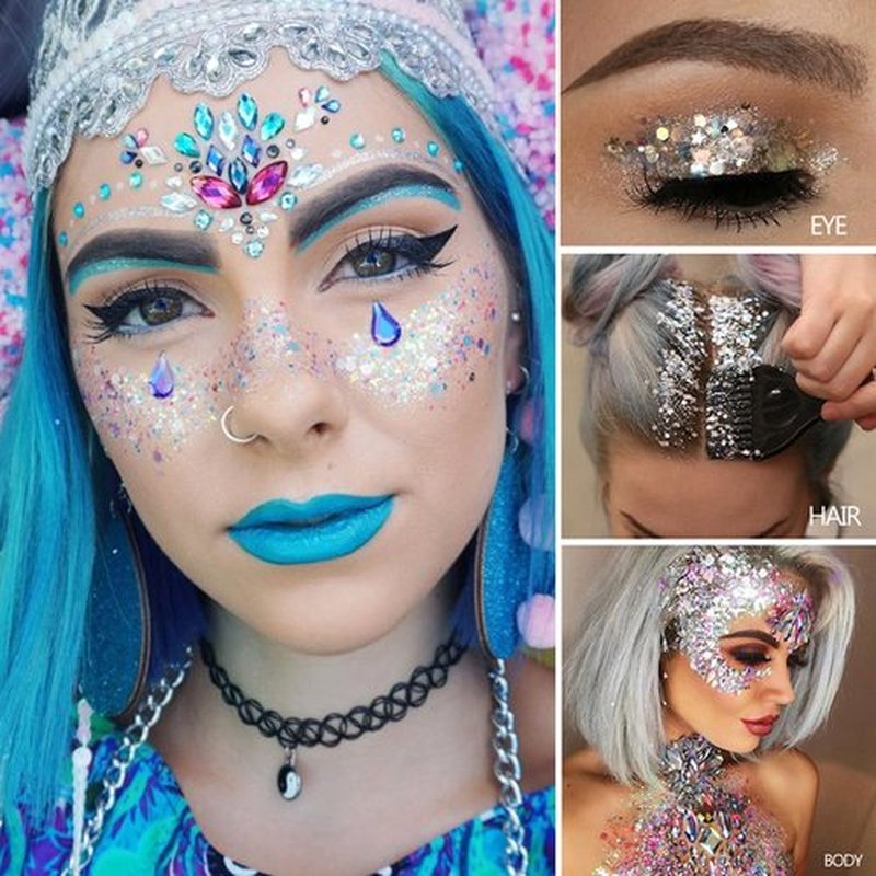 MEICOLY Gold and Clear White Face Body Glitter Set,Gold Face Glitter Gel,Singer Concerts Festival Rave Accessories,Sparkling Sequins Glitter Face Paint for Women and Kids,Chunky Glitter Makeup