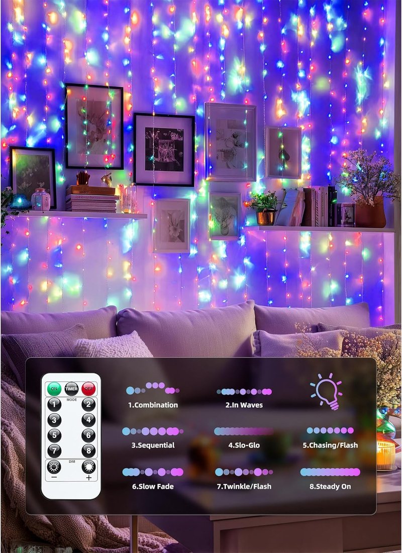 Brightown 300 LED Fairy Curtain Lights - USB Plug-In with 8 Modes | Multicolor Hanging Decor for Bedroom & Weddings