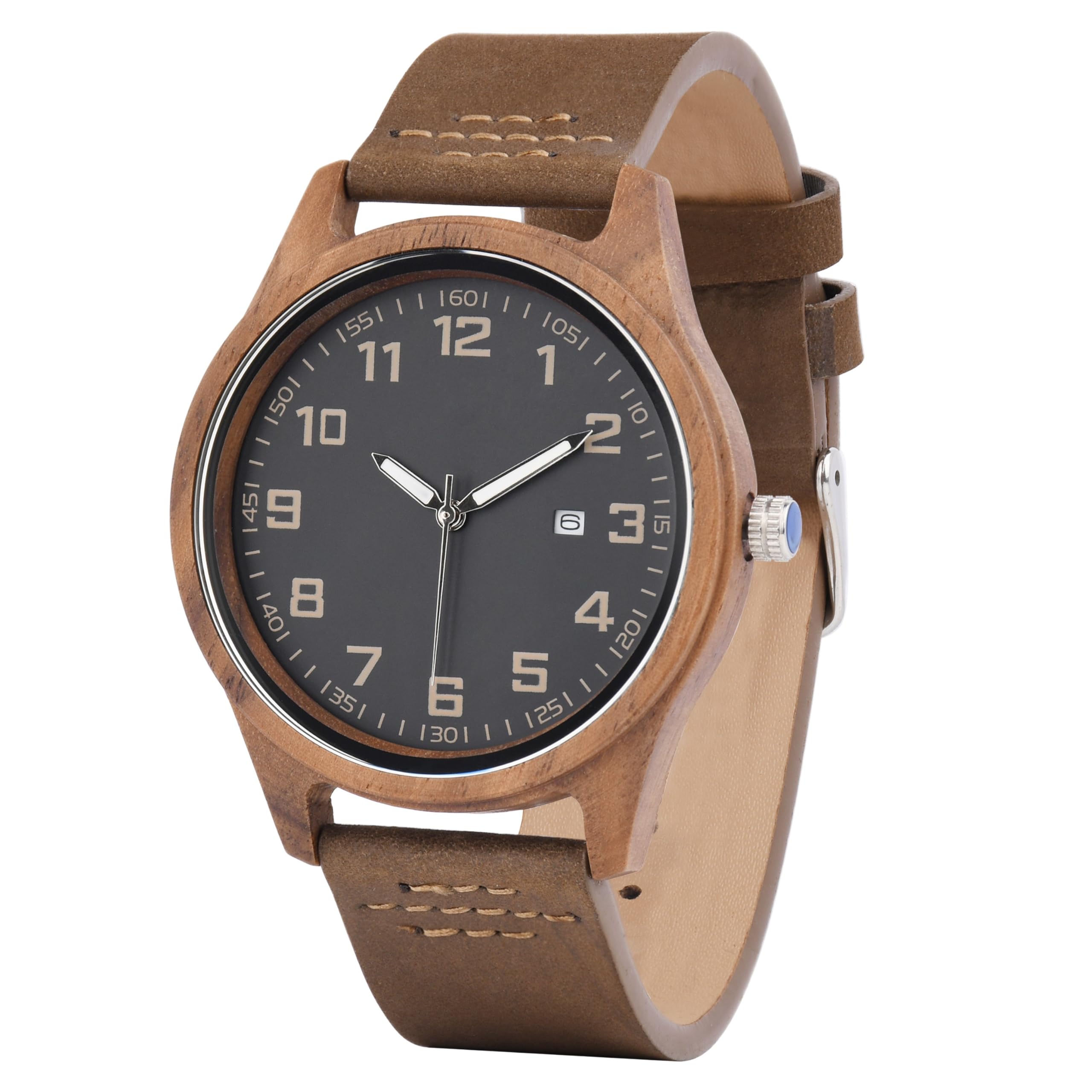LMWOOD Engraved Wood Watch for Men Walnut Leather Strap Anniversary Birthday Personalized Watch for Husband Dad Son