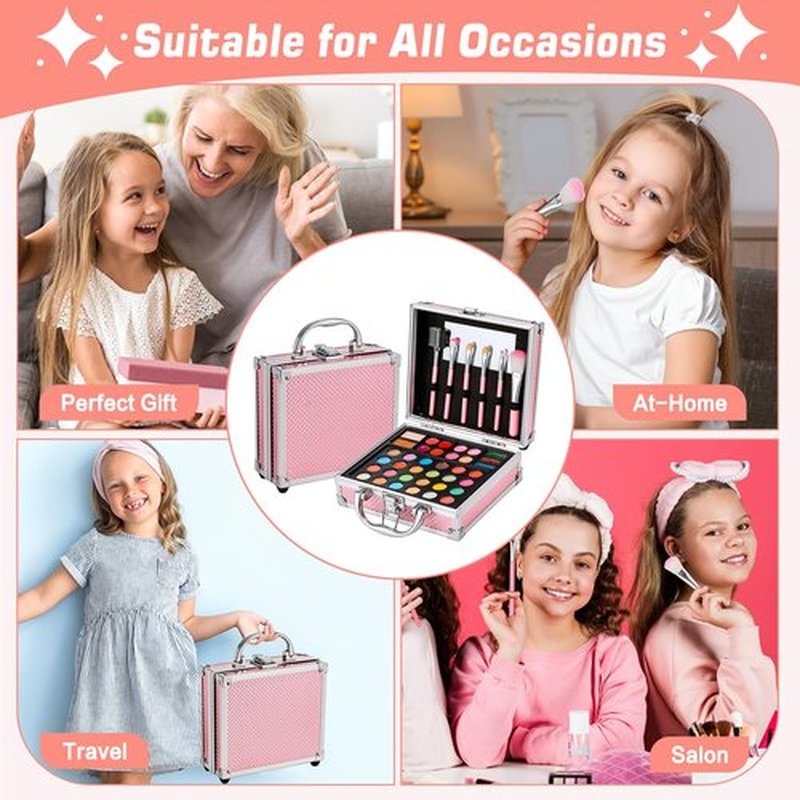 Anpro All-In-One Makeup Kit for Girls 10-12 with Case, Pro Teen Makeup Set, Tween Makeup Kit, Full Starter Make Up Kit with Brushes, Eyeshadow Palette, Blushes, Glitter Gel, Temporary Tattoo Stickers