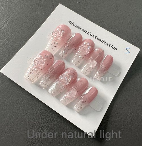 JIEADJIE Press On Nails (100% Handmade),Short-Medium T,Handmade Painted Nail Art by Nail Technician,Daily Version (pink camellia, Medium)