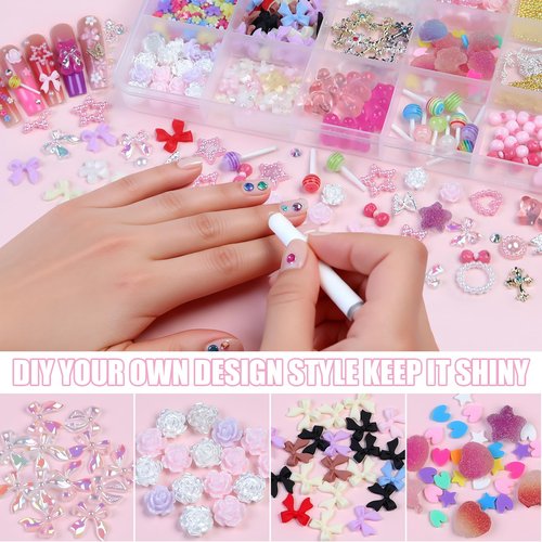 24 Grid Nail Charms - Multi Shapes Cute Nail Charms and Gem: Flowers Butterflies Bows Gummy Stars Crosses Steel Beads Rhinestones and Pearls - Charms for Nails Art Supplies DIY Accessories