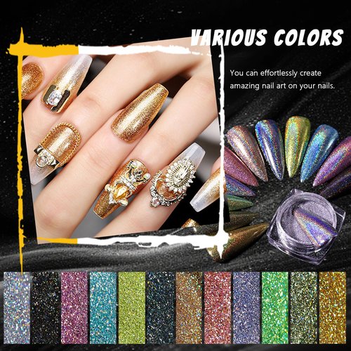 MKNZOME 12 Jars Holographic Nail Powder, Chrome Nail Powder Kit Black Blue Ultra Fine Glitter Powder Set, Rainbow Neon Pigment Manicure Glitter Dust with 12 Pcs Dual Sides Sponge Applicators