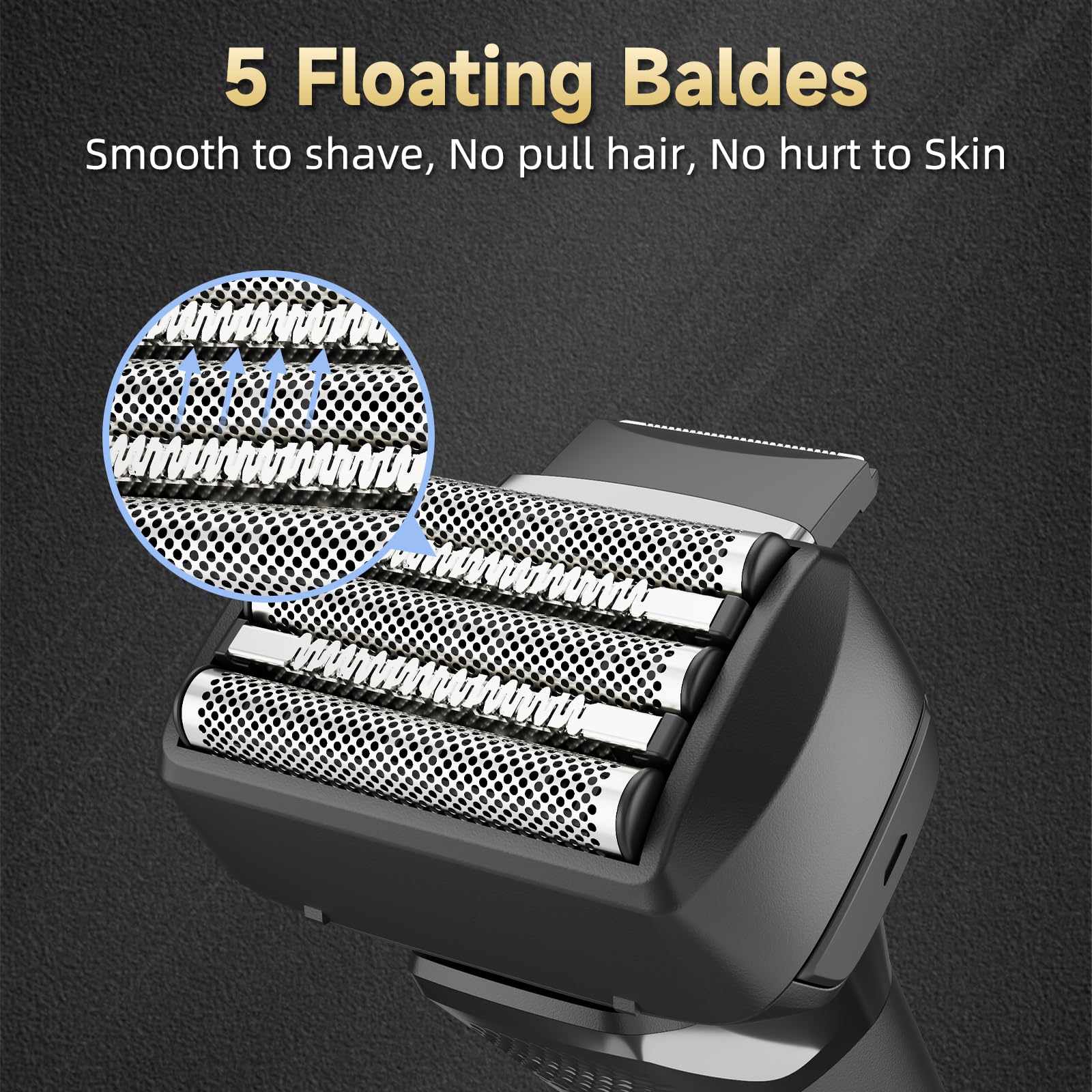 Electric Foil Shavers, Electric Razor for Men with Trimmer, Waterproof 5 Floating Blades for Shaving Face, Cordless Rechargeable USB Type-C, Wet Dry Use/Travel Lock/LED Display