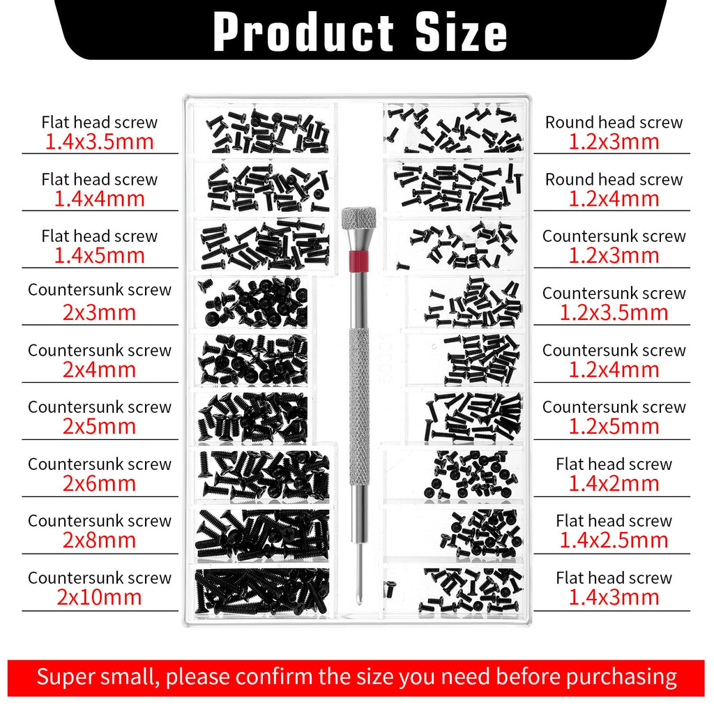 500 Pcs Tiny Screws Tiny Micro Repair Screw Kit M1.2/M1.4/M2.0 Small Replacement Screws Black Laptop Computer Electronic Screw Assortment Kit with Screwdriver for Glasses Watches